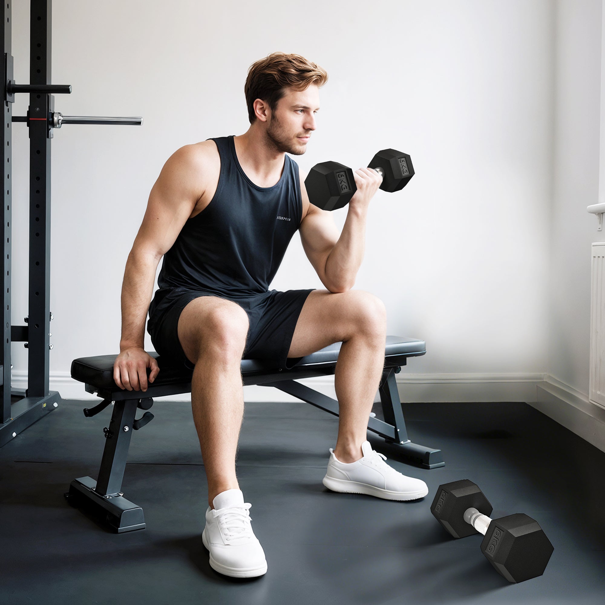 Man exercising with dumbbells in a gym setting